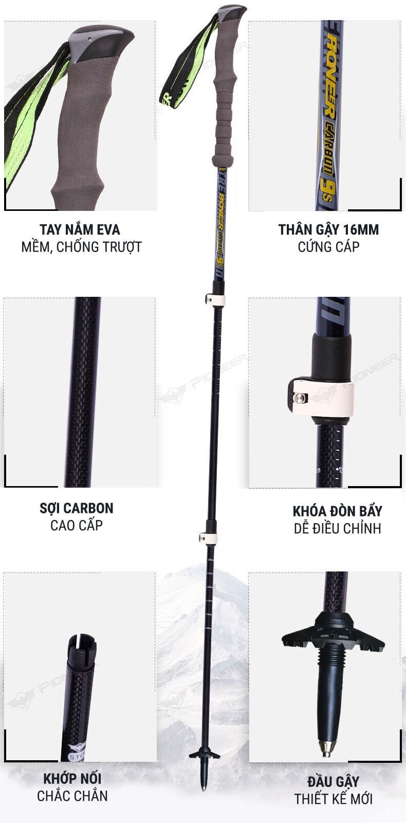 Gậy leo núi chống sốc telescope Pioneer Carbon 9S (PL-07) 1 gay leo nui pioneer carbon 9s pl 07 03 Gậy leo núi chống sốc telescope Pioneer Carbon 9S (PL-07) - YCB.vn