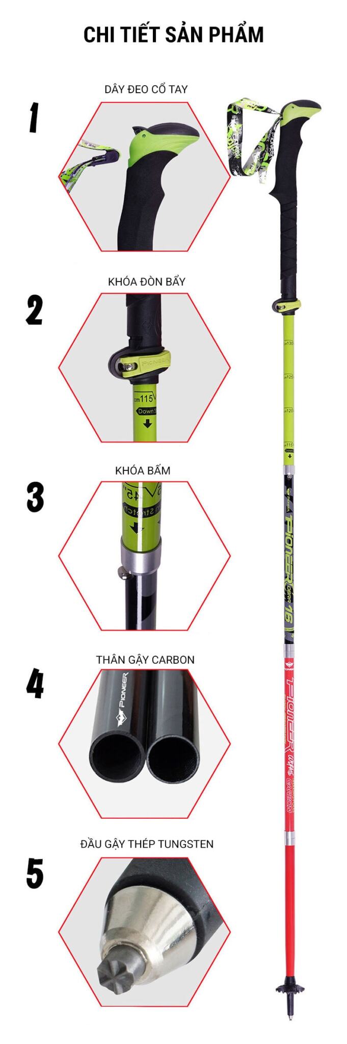 gay leo nui z pole carbon pioneer cobra 16 016 Gậy leo núi carbon dạng gấp Z-pole Pioneer Cobra 16 (PL-10) - YCB.vn