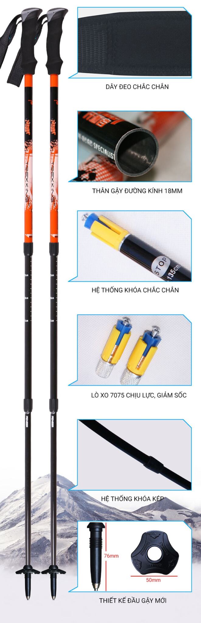 gay leo nui pioneer brave heart 1s pl 09 15 Gậy leo núi carbon chống sốc telescope Pioneer Brave Heart 1S (PL-09) - YCB.vn