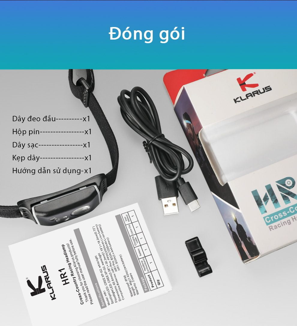 den pin doi dau klarus hr1 pro 20 Đèn pin đội đầu Klarus Hr1 Plus (Pin sạc 2000 mAh) - YCB.vn