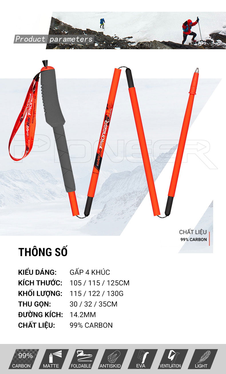 gay chay trail pioneer off road 7 series 21 Gậy chạy trail carbon gấp Pioneer Off-Road 7 Series (115 gram) PL-20 - YCB.vn