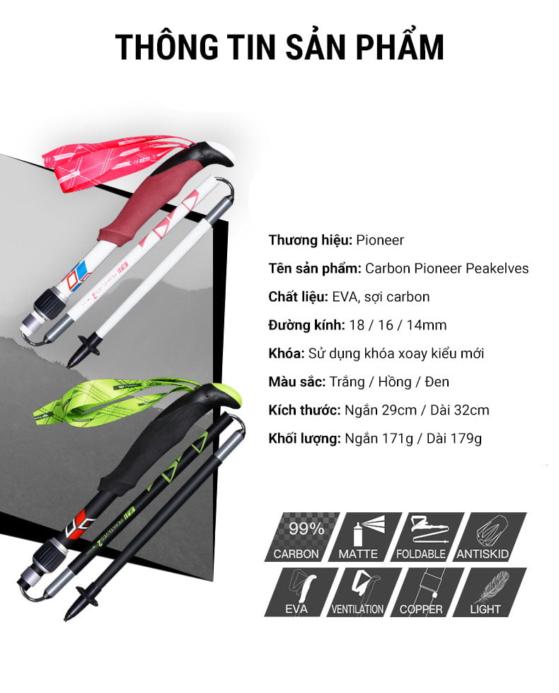 Gậy leo núi dạng gấp Carbon Pioneer Peakelves 2 (170 gram) 4 gay leo nui gap carbon pioneer peakelves 2 011 Gậy leo núi dạng gấp Carbon Pioneer Peakelves 2 (170 gram) - YCB.vn