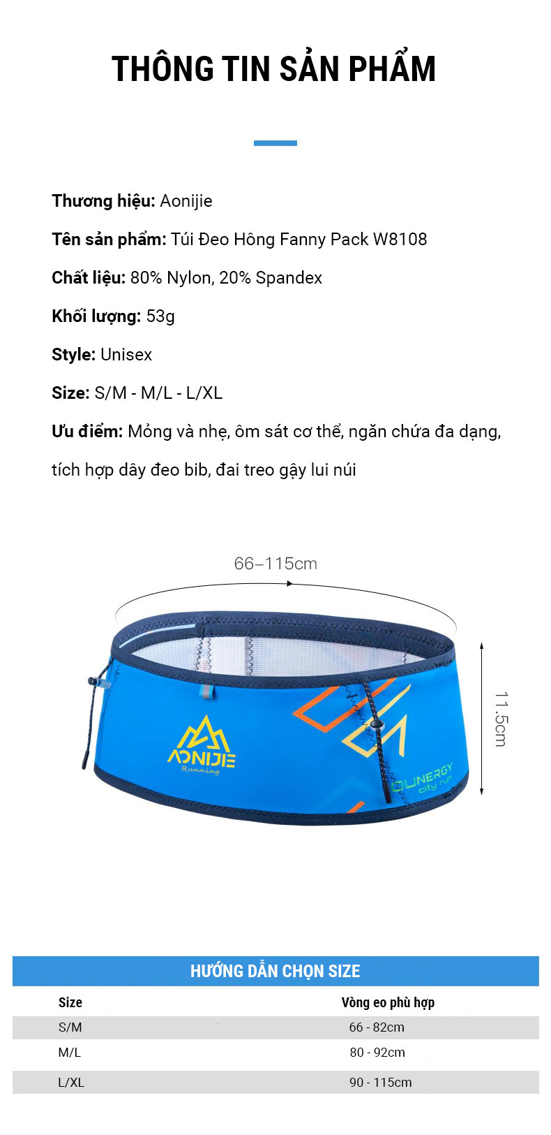 tui deo hong aonijie lightweight fanny pack w8108 b037plus 16 Túi đeo hông co giãn Aonijie Lightweight Fanny Pack W8108 (B037plus) - YCB.vn